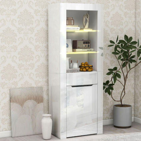 Vitrinenschrank mit 1 Schublade und 2 Regalen, LED per App, für Wohnzimmer oder Büro, 60 x 35.5 x 165 cm, Weiß