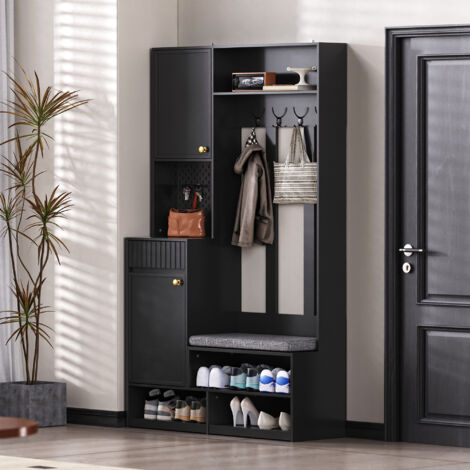 Garderobenset mit Sitzbank, 4 Haken, Schrank, 2 Schubladen und Offenen Fächern, für Flur, MDF, Schwarz, 100 x 35 x 180 cm