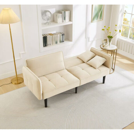 Schlafsofa, Rückenlehnen 3-fach Verstellbar, Klappbare Armlehnen mit 2 Kissen, Samt Beige (1/5)