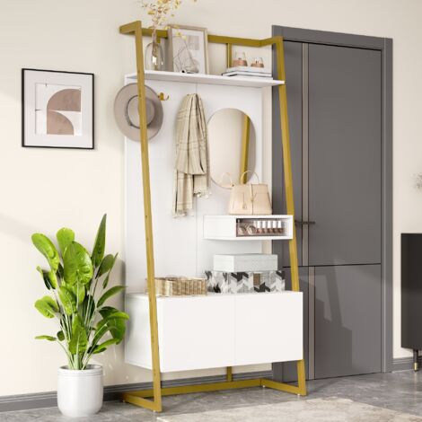 Garderobe mit Spiegel, 2 Türen, Metallhaken und Schuhbank, Weiß, 78 x 38.5 x 180.5 cm
