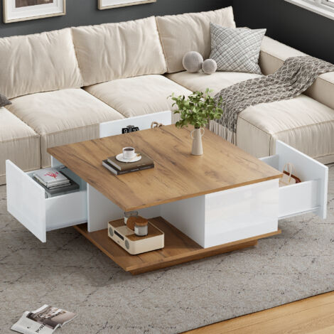 Couchtisch quadratisch mit 3 Schubladen und halboffenem Fach, Hochglanzoberfläche, für Wohnzimmer, Weiß und Nussbaum, 70 x 70 x 31.5 cm