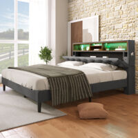 Polsterbett 140×200 cm, Doppelbett mit Stauraum-Kopfteil, LED Verstellbar und Fächer, ohne Matratze, Grau