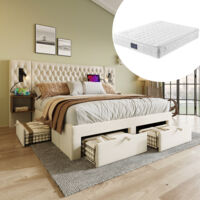 Bettanlage 160×200 cm, Doppelbett mit 4 Schubladen, USB, Type C, Leselampen und 2 Nachttischen, Matratze Inklusive, Beige