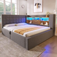 Polsterbett 140×200 cm, Doppelbett mit LED, USB, Typ C und L Kopfteil beidseitig montierbar mit Ablagen, ohne Matratze, Grau