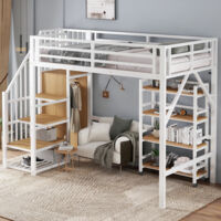 Hochbett 90×200 cm, Einzelbett mit Eckleiter Schrank, Rollregal 4 Ebenen und Sicherheitsgeländer, ohne Matratze, Weiß+Natur