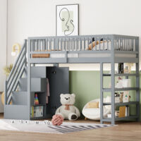 Hochbett 90 x 200 Kinderbett mit Kleiderschrank,Jugendbett mit Stauraum und Sicherheitsleiter,Funktionbett mit Regalen,ohne matratze,Grau