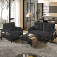 Set aus 3 2-Sitzer-Sofa, Sessel und Hocker mit Seitentasche und tiefer Sitzfläche, Cord Grau