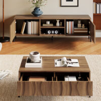 Set 2 Wohnzimmermöbel, TV-Schrank und Couchtisch mit Offenen Fächern und Schubladen, MDF Natur