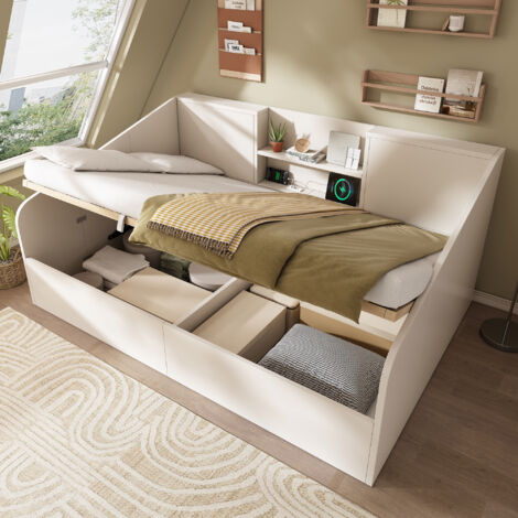 Letto a Divano Matrimoniale 140×190 cm con Contenitore, USB, Tipo C, Mensole e Vano Contenitore, senza Materasso, Legno, Bianco