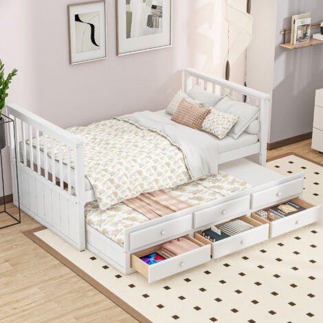 Letto Estraibile 90×200 cm, Letto Singolo con 3 Cassetti e Letto Scorrevole 90×190 cm, senza Materasso, in Legno, Bianco