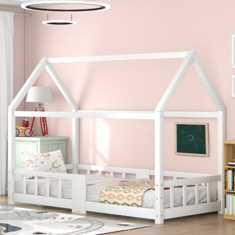 Letto a Casetta 90×200 cm, Letto Singolo con Sponde di Sicurezza, Lavagna e 15 Doghe, senza Materasso, Bianco