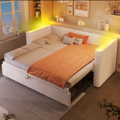 Letto a Scomparsa 90×200 cm, Letto Singolo con Led Multicolore, Convertibile 180×200 cm, senza Materasso, in Velluto, Beige