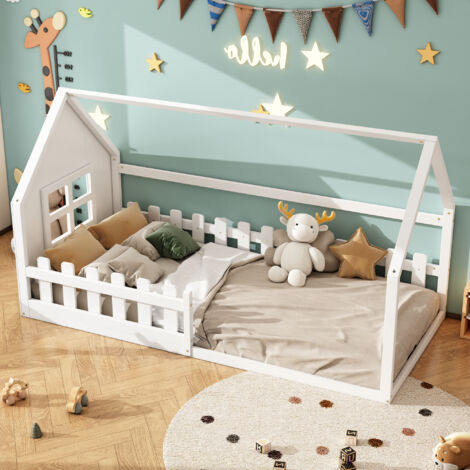 Letto a casetta 90×200 cm, Letto Singolo con Struttura a Forma di Casa, senza Materasso, in Pino e MDF, Bianco
