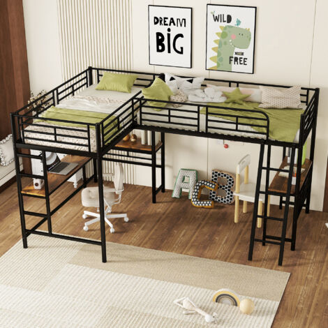 Letto a Soppalco 90×200 cm, Letto Singolo con Scrivania, Doppia Scala e Sponda Alta, senza Materasso, MDF e Metallo, Nero