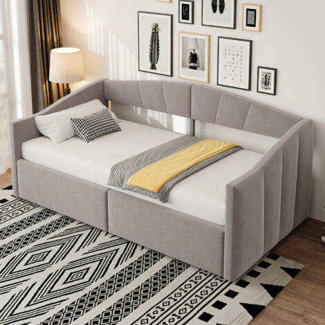 Letto Divano 90×200 cm, Letto Singolo con Contenitore Idraulico, Schienale e Braccioli, senza Materasso, in Velluto, Grigio Chiaro