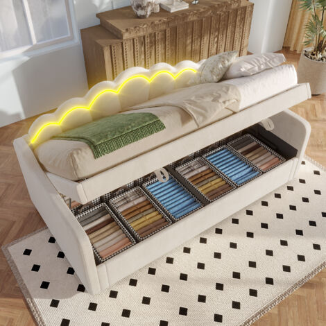 Letto Divano 90×200 cm, Letto Singolo con Contenitore, LED Multicolore e Testiera Ondulata, senza Materasso, in Velluto, Beige