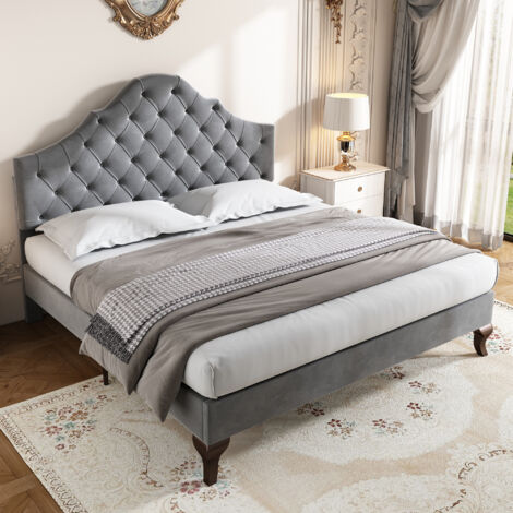 Letto Imbottito 140×200 cm, Letto Matrimoniale con Testiera Regolabile e Rete a Doghe, senza Materasso, in Velluto, Grigio