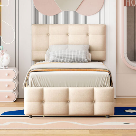 Letto a Scomparsa 90×200 cm, Letto Singolo con Testiera Regolabile e Letto Estraibile, senza Materasso, in Tessuto Beige