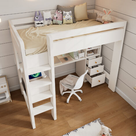 Letto a Soppalco 90×200 cm, Letto Singolo con Scrivania ad L, 3 Mensole, 3 Cassetti, USB e Tipo C, senza Materasso, Legno, Bianco