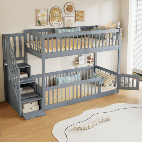 Letto a Castello 90×200 cm, Letto Singolo con Scala Contenitore, Cassetti e Sponde di Sicurezza, senza Materasso, in Legno Massello, Grigio