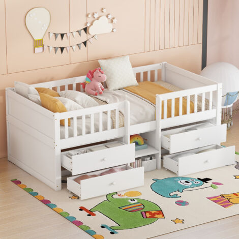 Letto a Mezz’altezza 90×200 cm, Letto Singolo con 4 Cassetti, Spondine di Sicurezza e Scala, senza Materasso, in Pino, Bianco