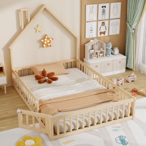 Letto a casetta 140×200 cm, Letto Matrimoniale con Sponda di Sicurezza e Design Camino, senza Materasso, in Pino, Naturale