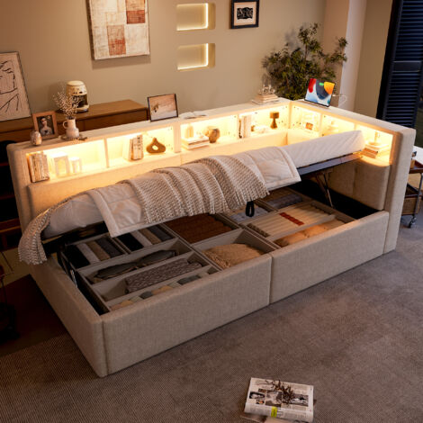 Letto Divano 90×200 cm, Letto Singolo con Contenitore, USB, Tipo C, LED Regolabile e Vani Portaoggetti, senza Materasso, in Lino, Beige