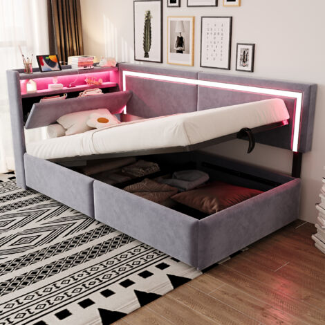 Letto Divano 90×200 cm, Letto Singolo con Contenitore, LED Regolabile e USB e Tipo C, senza Materasso, in Velluto, Grigio Chiaro