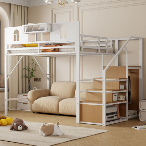 Letto a Soppalco 140×200 cm, Letto Matrimoniale con Scala Contenitore, Mensola e Spondine Alte, senza Materasso, Bianco