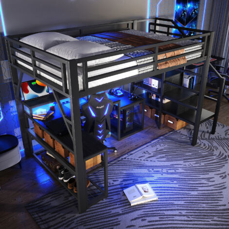 Letto a Soppalco 140×200 cm, Letto Matrimoniale con Scala Contenitore, Scrivania, USB e LED Regolabile, senza Materasso, Nero