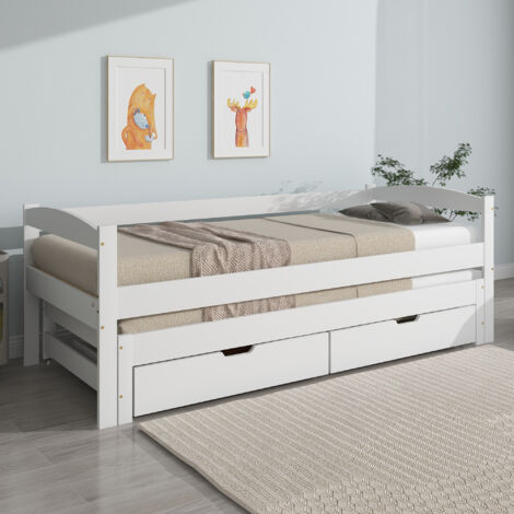 Letto a Scomparsa, Letto Singolo con Letto Estraibile, 2 Cassetti e Sponde, 200×90 cm e 190×90 cm, senza Materasso, Bianco
