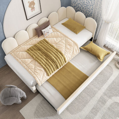Letto a Scomparsa 90×200 cm, Letto Singolo con Letto Estraibile 90×190 cm, Sponde e 2 Fermi, senza Materasso, Velluto, Beige