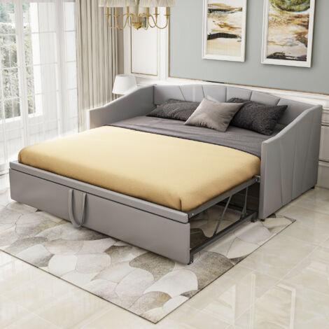 Letto Divano Estraibile 90×200 cm e 180×200 cm, Letto da 1 a 2 Posti con Struttura Scorrevole e Braccioli, senza Materasso, Grigio