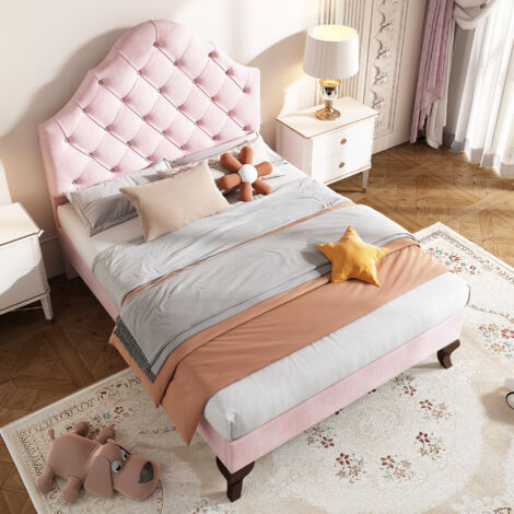 Letto Singolo 90×200 cm con Testiera Regolabile e Rete a Doghe, senza Materasso, in Velluto, Rosa