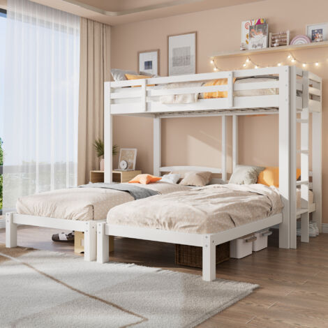 Letto a Castello 90×200 cm, Letto 3 Posti con Scala Laterale e Sponda, senza Materasso, in Legno Massello, Bianco