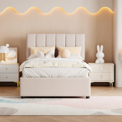 Letto Contenitore Bambini 90×200 cm, Letto Singolo con Contenitore a Sollevamento Idraulico e Testiera Regolabile, senza Materasso, Beige (1/5)