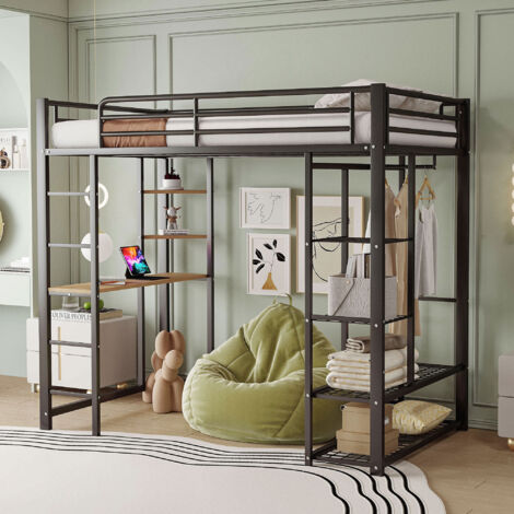 Letto a soppalco 90×200 cm Letto Singolo con Scrivania, guardaroba e Mensole, senza Materasso, in Metallo e MDF, Nero (1/5)
