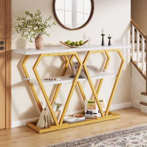 Tavolo Consolle con Ripiano Aperto, Piano Effetto Marmo e Gambe in Metallo, per Ingresso Cucina Soggiorno, 120 x 29.5 x 80 cm