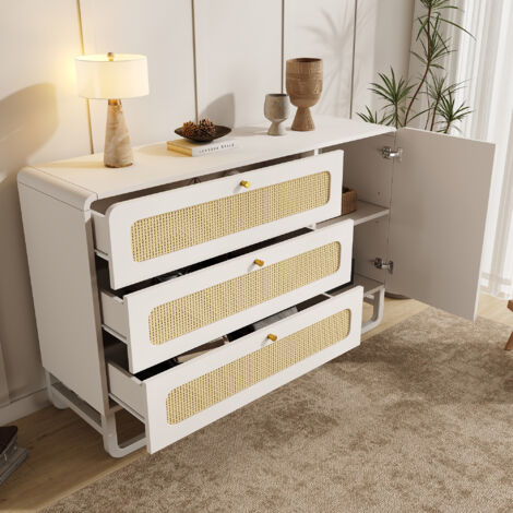 Comò con 3 Cassetti e 1 Anta, Ripiano Regolabile, Stile Country, Legno e Metallo, Bianco, 120 x 40 x 85 cm