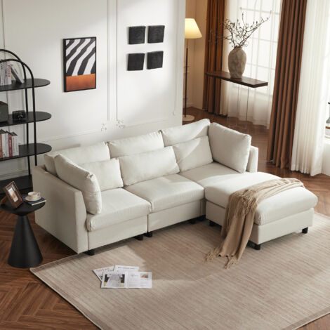 Divano ad Angolo da 3 a 4 Posti, con Schienale Alto, Poggiapiedi Spostabile e 5 Cuscini, Lino, Beige