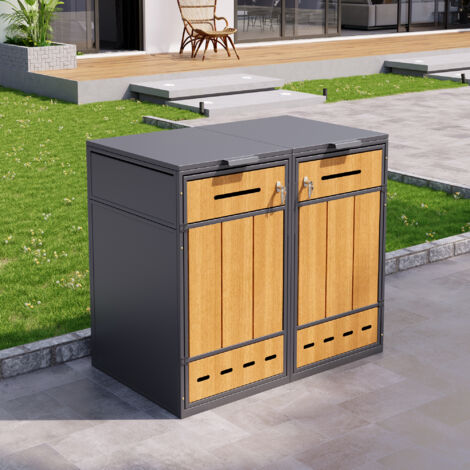 Copribidoni a 2 Scomparti, con Coperchio Ribaltabile, Ante Frontali e Fori di Ventilazione, Acciaio, Grigio e Legno (1/5)