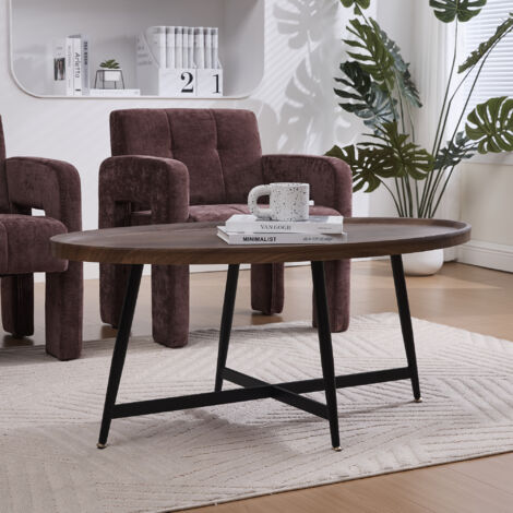 Tavolino da Salotto Ovale con Struttura in Metallo Incrociata, Superficie Liscia, MDF, Marrone, 110 x 55 x 45 cm
