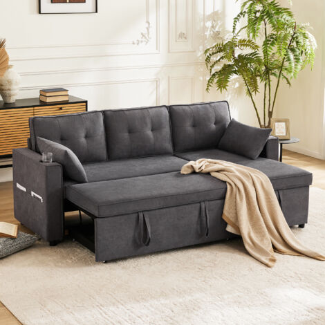 Divano Letto con Penisola Reversibile 3 Posti, con Contenitore, Portabicchieri e Tasche Laterali, Cotone Lino Grigio