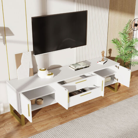 Mobile TV con 4 Ante e 2 Cassetti, Fori Passacavi, Finitura Lucida, per Soggiorno, MDF, Bianco, 170 x 40 x 53.5 cm