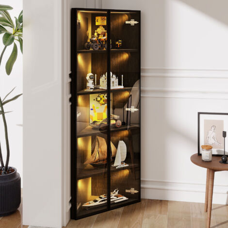 Vetrina ad Angolo con 2 Ante, LED Integrata e Chiusura Ammortizzata, per Soggiorno o Studio, MDF e Vetro, Nero, 62×35×160 cm