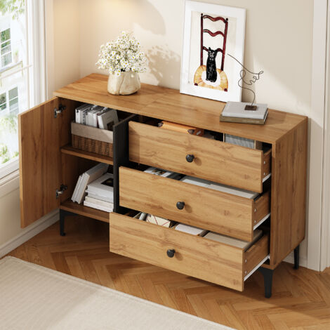 Credenza con 1 Anta e 3 Cassetti, Piedini in Metallo, per Soggiorno e Sala da Pranzo, Nero e Naturale, 120 x 35 x 76 cm