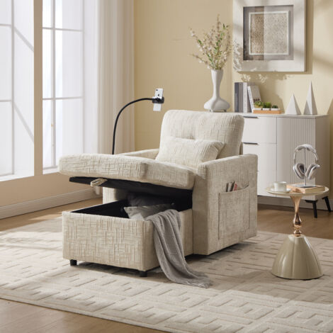 Poltrona Lounge con Supporto per Telefono Regolabile, Vano Contenitore e Tasche Laterali, Ciniglia, Beige