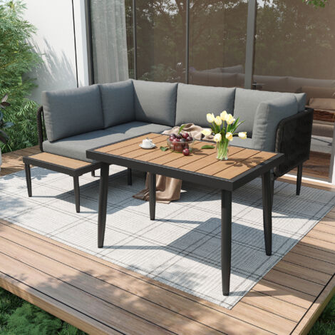 Set di 2 Mobili da Giardino con Divano ad Angolo e Tavolo da Pranzo, per Esterno, Acciaio Zincato e Olefina Grigio