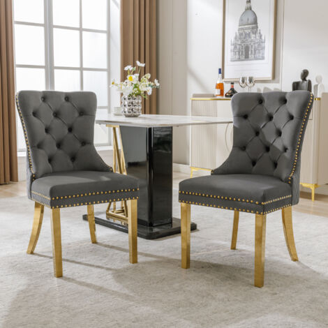 Lot de 2 Sedie da Pranzo, con Anello Rotondo sullo Schienale, Borchie Decorative e Piedini Regolabili, Velluto Grigio (1/4)