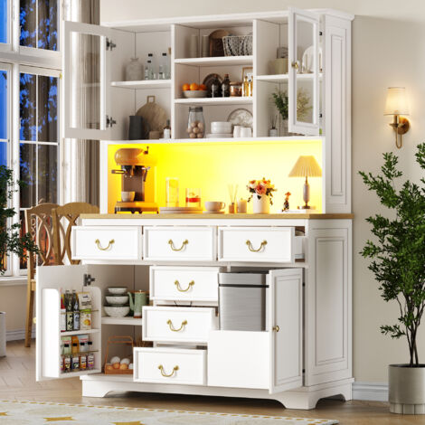 Credenza alta da cucina con 4 ante in vetro e ripiani regolabili, LED e prese integrate, MDF, Bianco, 118 x 39.5 x 180 cm